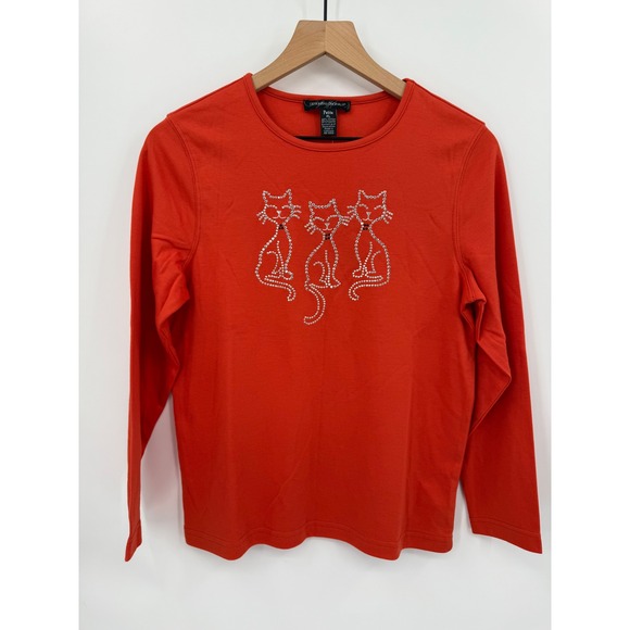 Designers Originals Tops - Halloween Shirt Womens Large Petite Orange Cats Rhinestones Cat Lady NEW